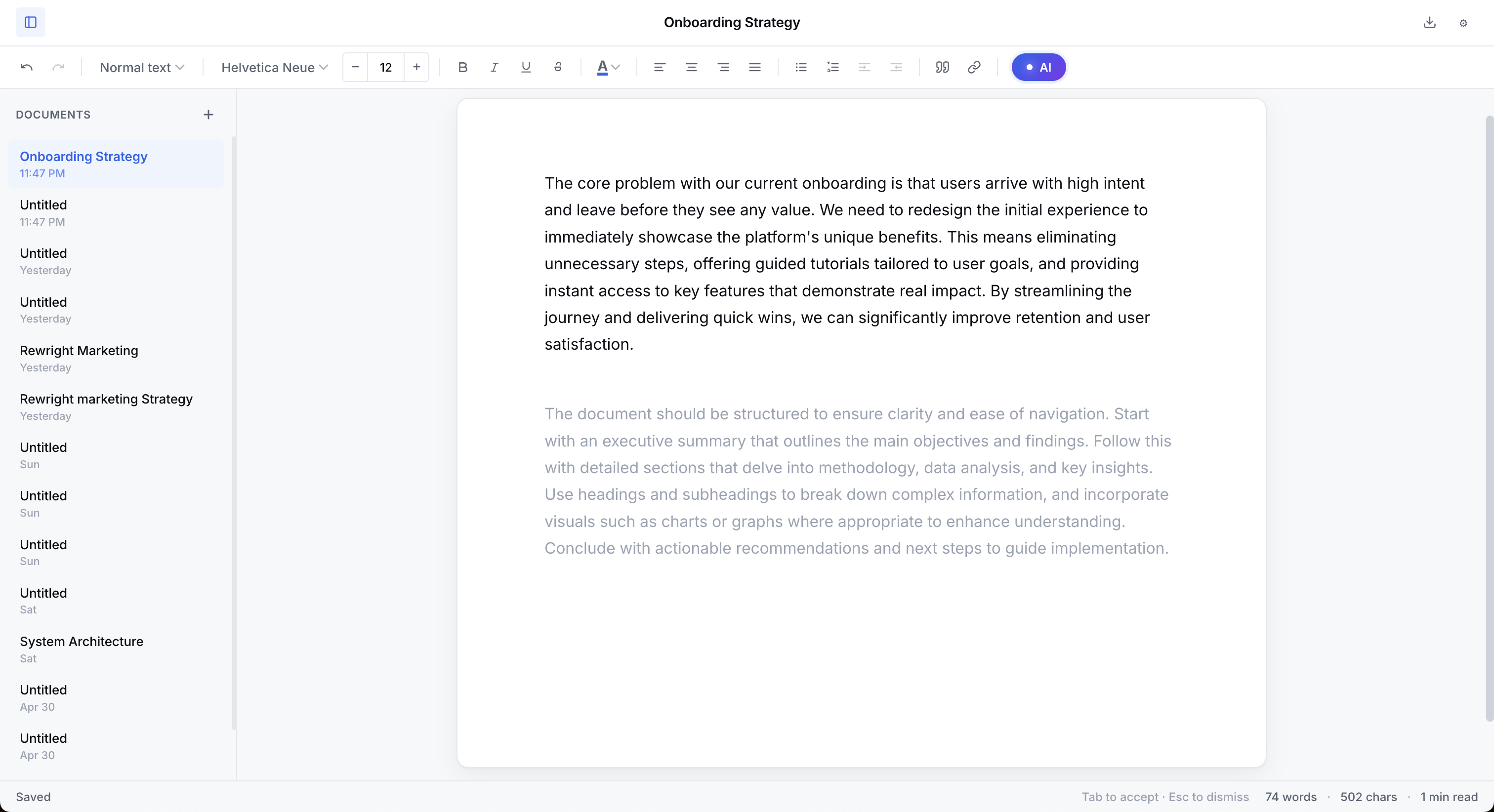 Screenshot of Rewright's writing editor with inline AI completion as ghost text